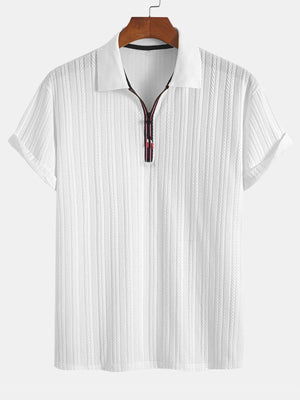 mens textured zipper polo shirt striped design