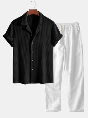 mens black cuban collar short sleeve shirt with cream linen pants summer outfit