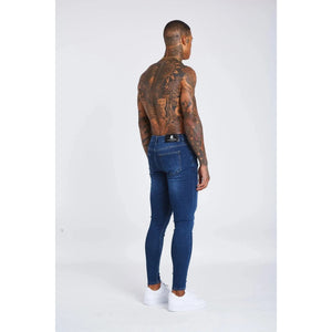 mens dark blue skinny fit stretch denim jeans side view slim fit denim jeans with stretch fabric