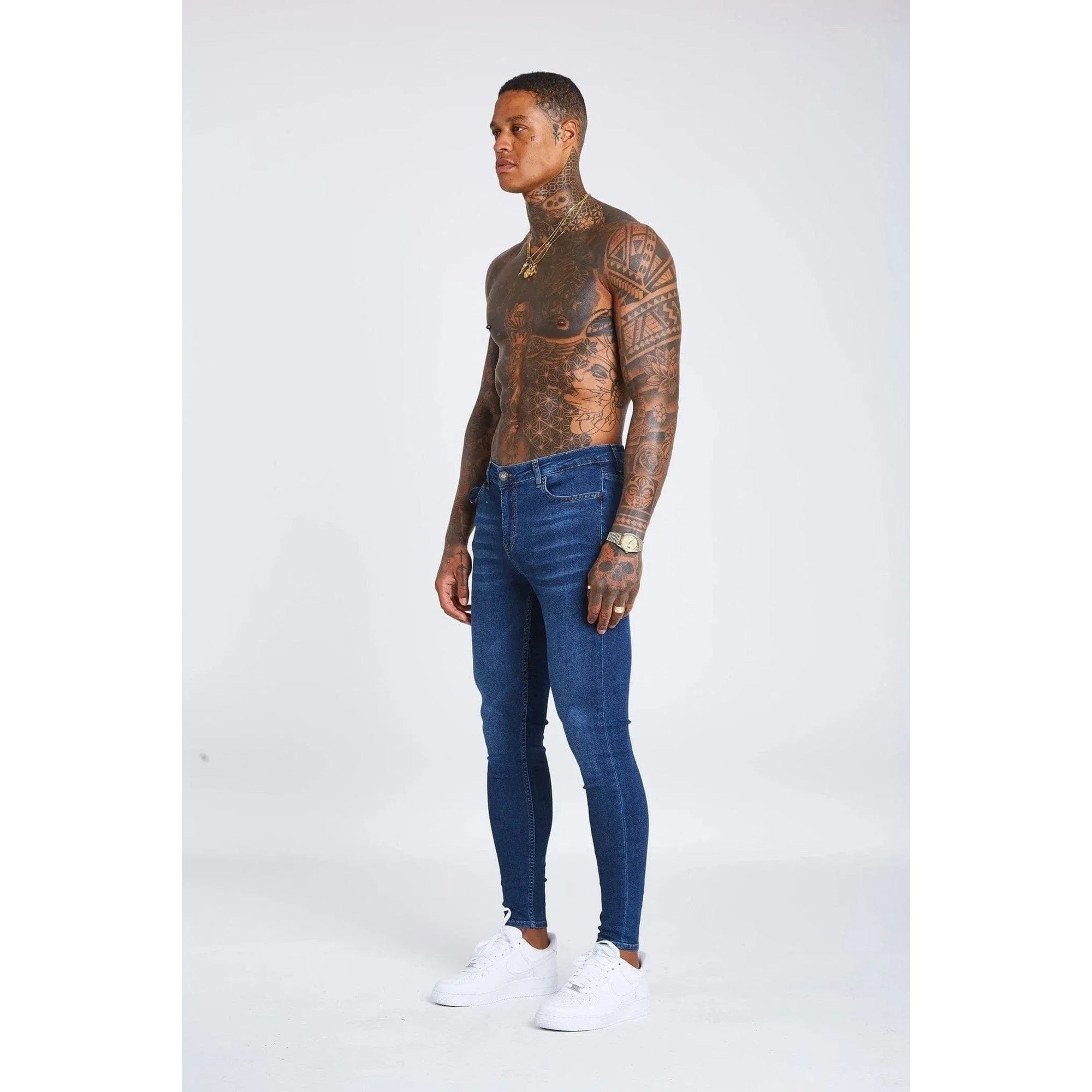 mens dark blue skinny fit stretch denim jeans full body model modern fashion denim trousers for men