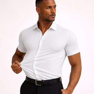 Mens slim fit stretch white dress shirt breathable wrinkle free fabric
