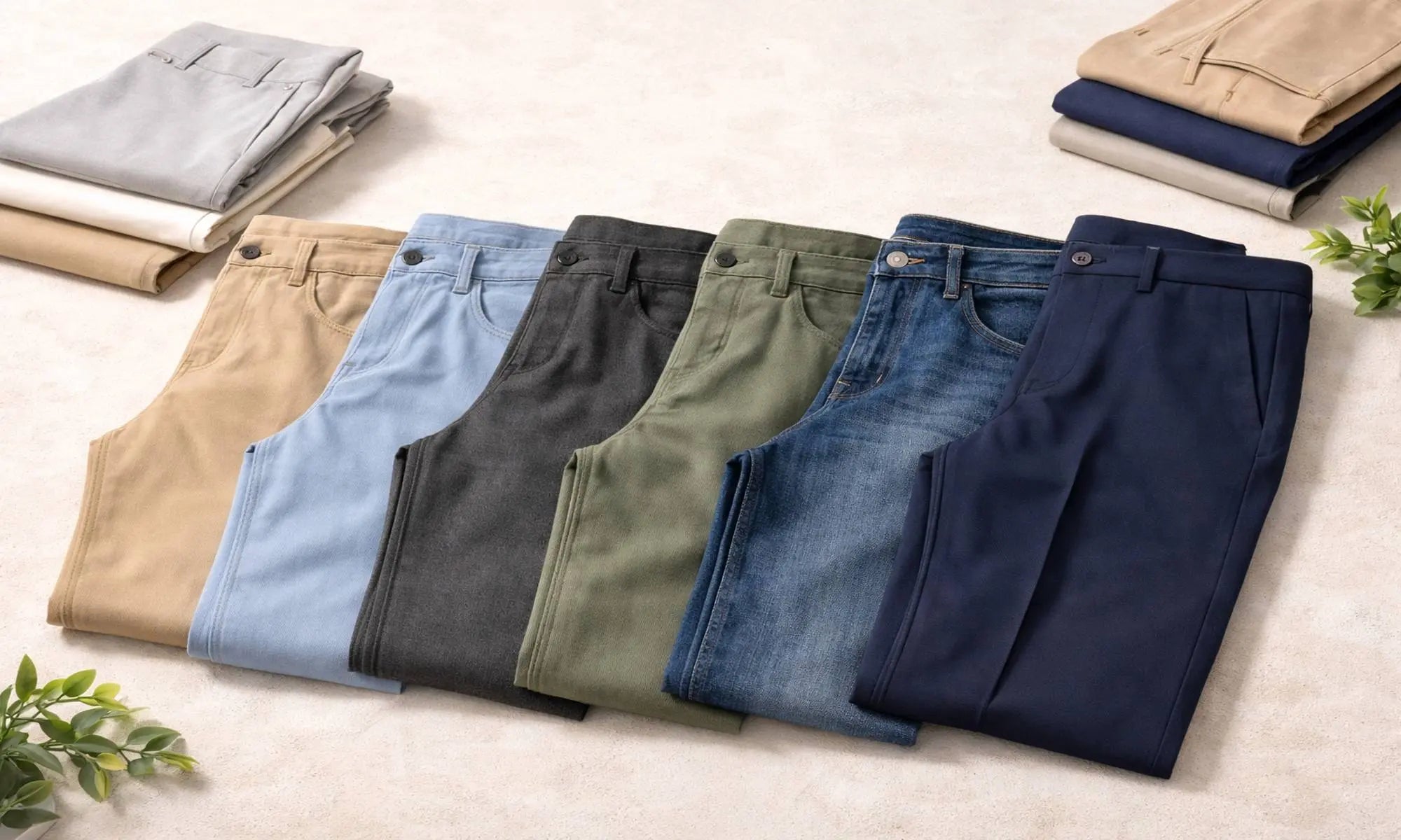 Men’s pants and trousers collection by Myla Looks featuring slim fit jeans, black drawstring pants and grey casual trousers worn by male models