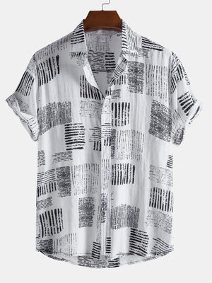 mens abstract mosaic White print lapel shirt front view