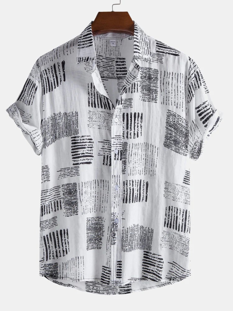 mens abstract mosaic White print lapel shirt front view
