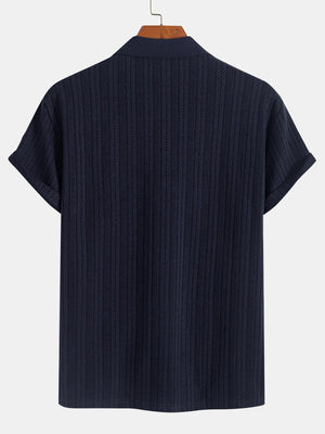 Men’s Textured Zipper Polo Shirt Navy Blue