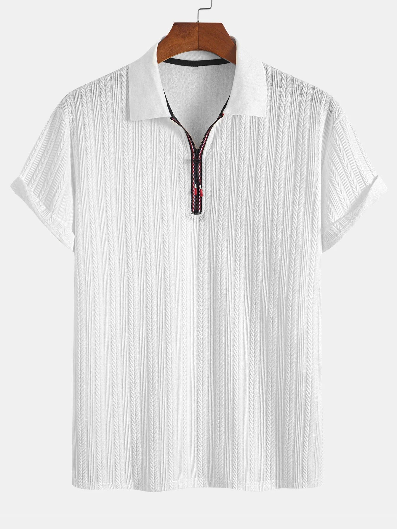 mens textured zipper polo shirt striped design