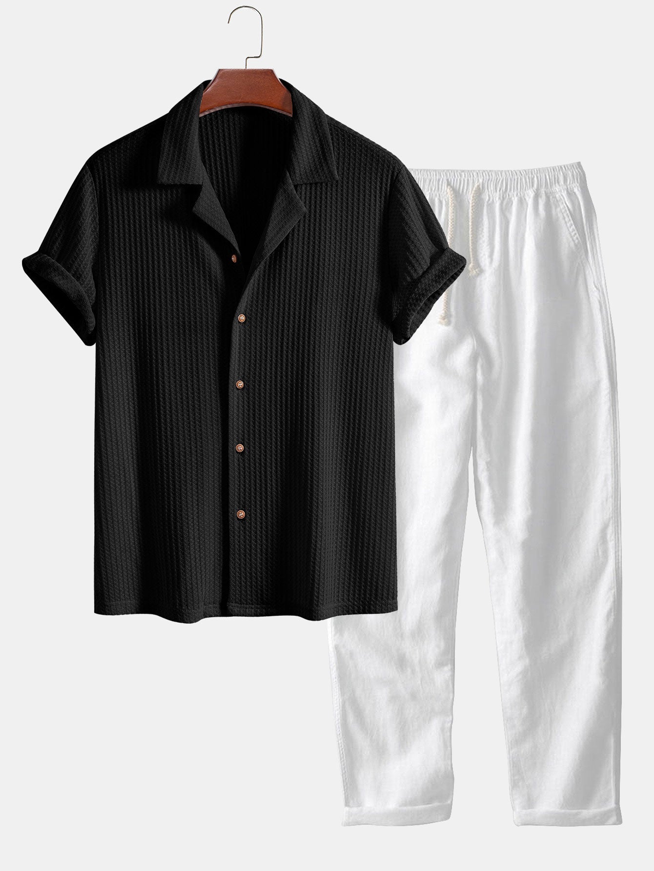 mens black cuban collar short sleeve shirt with cream linen pants summer outfit