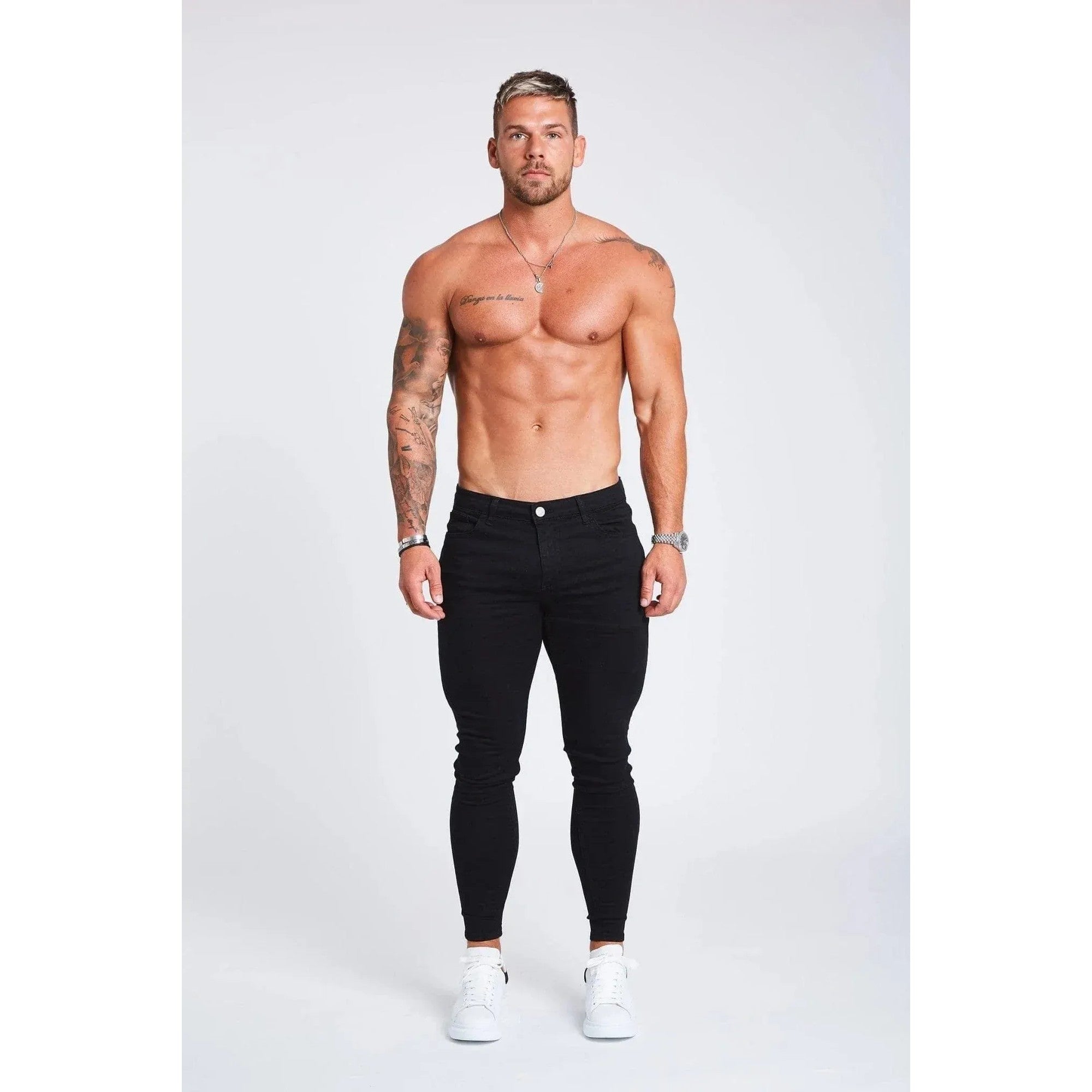 mens black skinny fit stretch denim jeans front view model