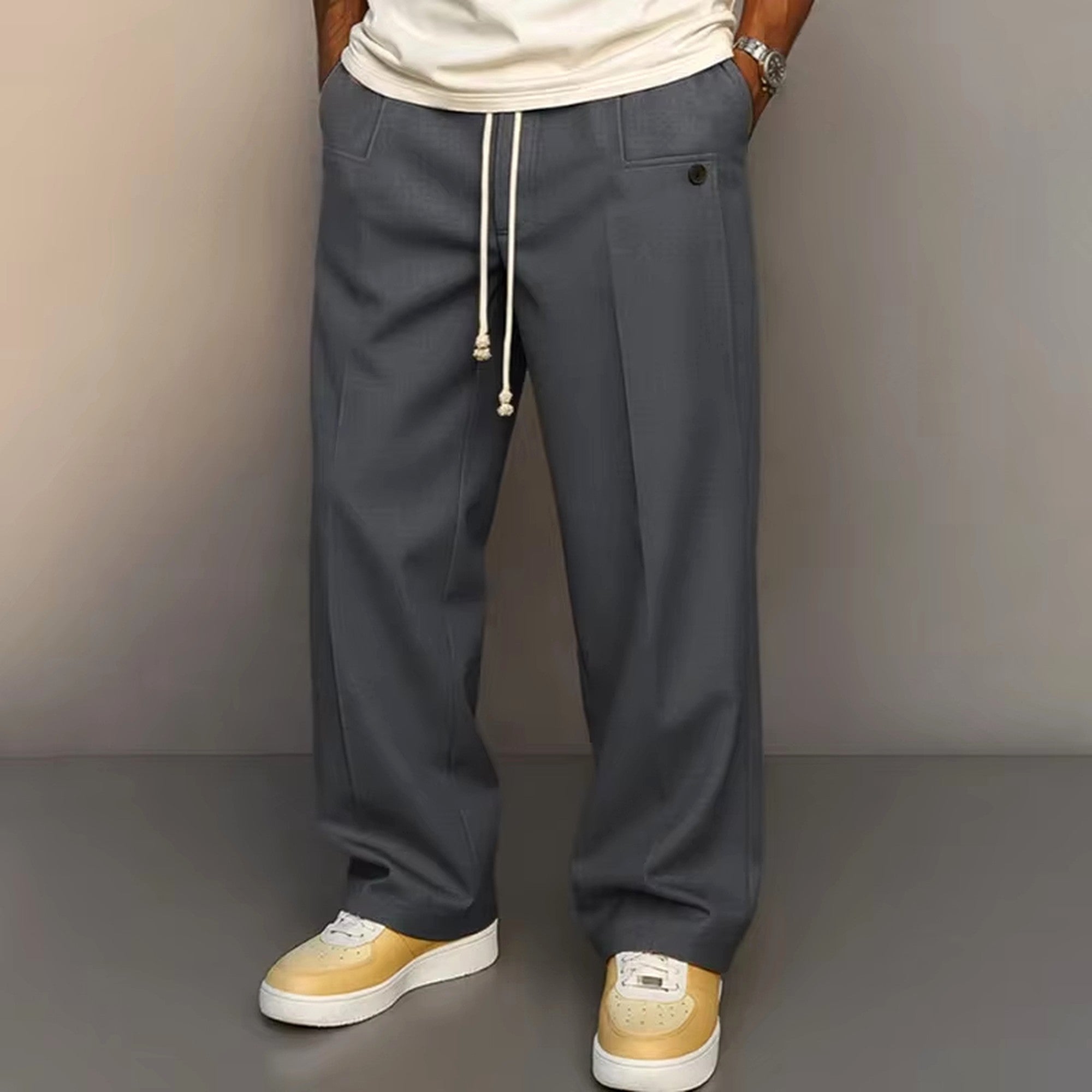 mens blue grey relaxed fit drawstring trousers casual street style pants