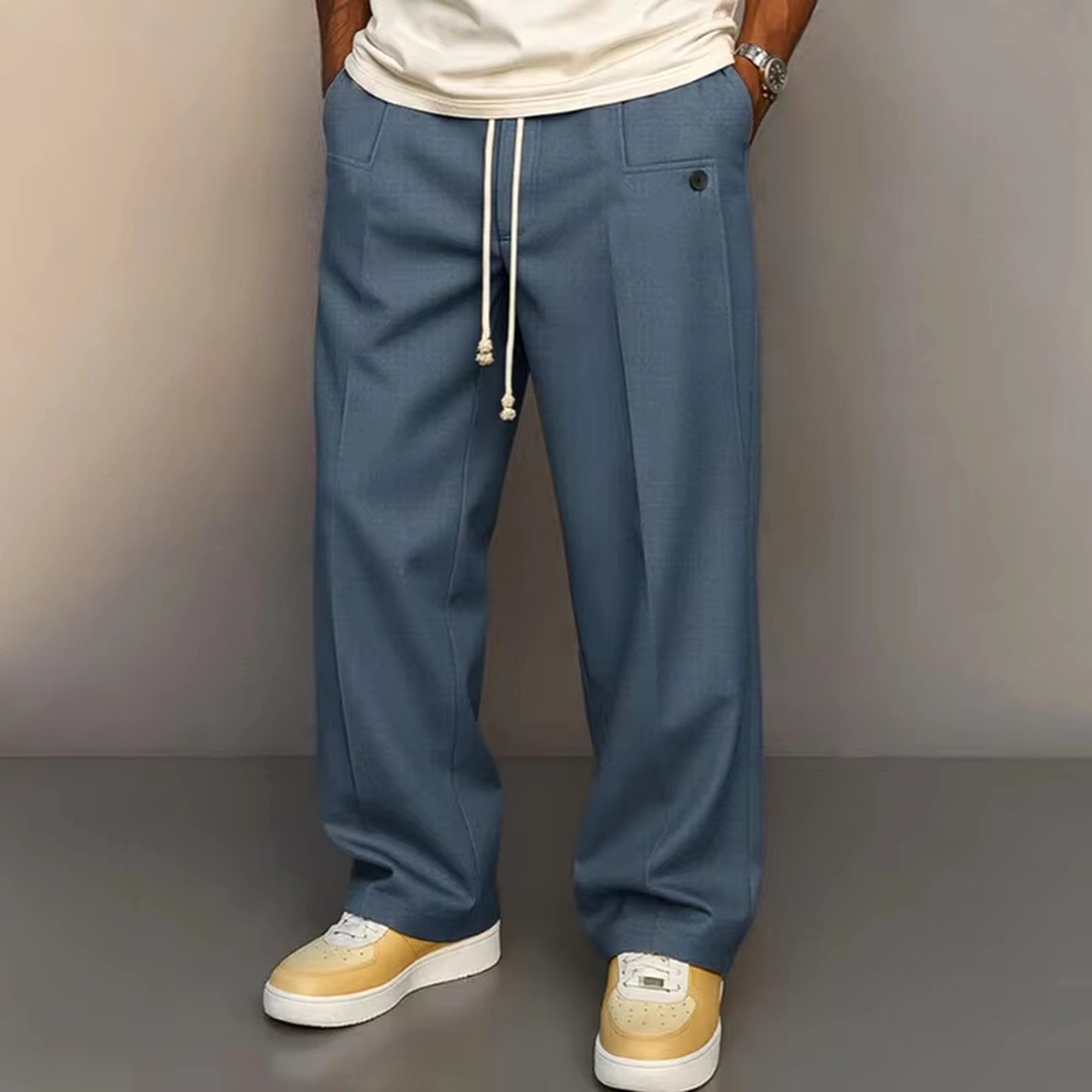mens blue grey relaxed fit drawstring trousers casual streetwear pants