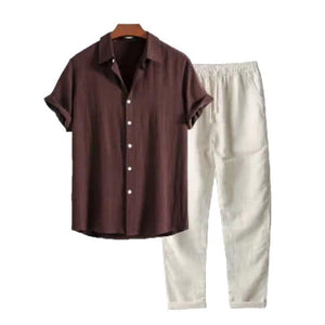mens brown short sleeve cuban shirt with cream linen pants summer outfit set