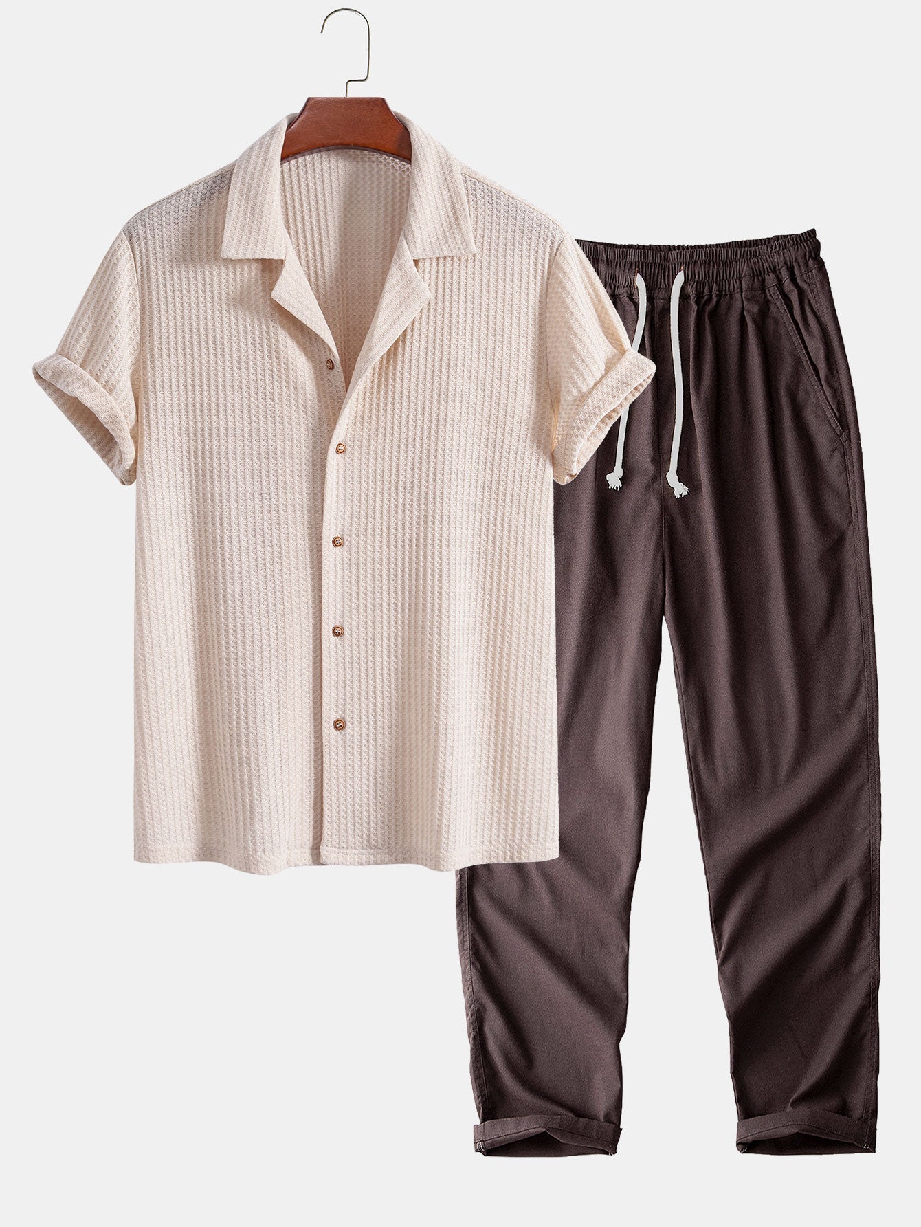 mens beige cuban collar shirt with brown linen pants summer outfit
