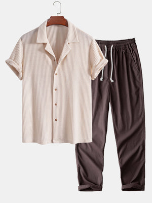 mens beige cuban collar shirt with brown linen pants summer outfit