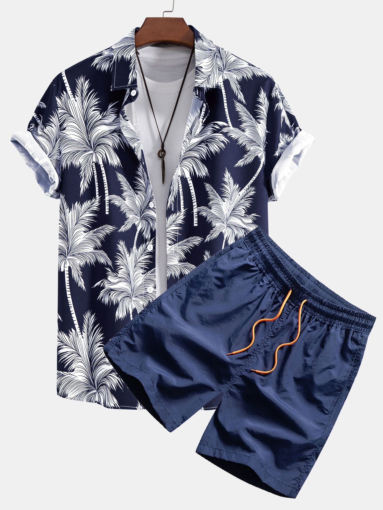 Men’s blue palm tree Hawaiian shirt and shorts set summer beach outfit