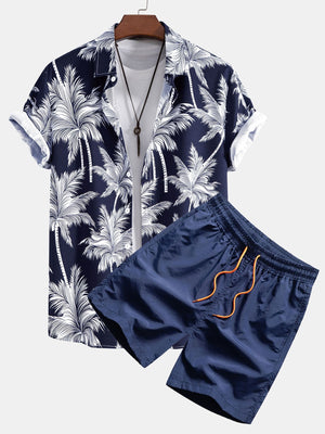 Men’s blue palm tree Hawaiian shirt and shorts set summer beach outfit