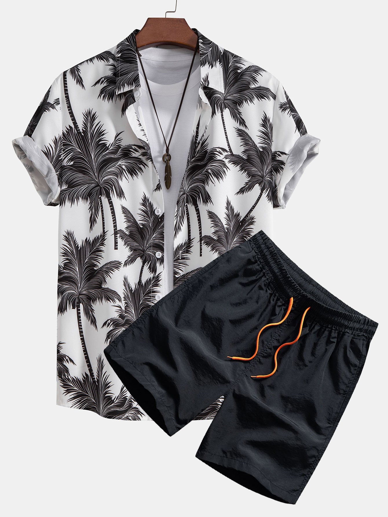 Men’s white tropical Hawaiian shirt and black shorts summer outfit