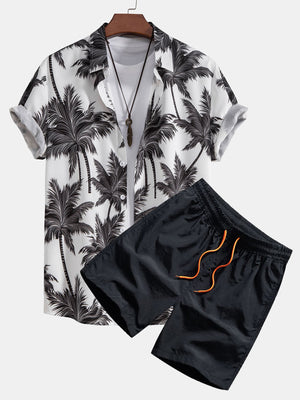 Men’s white tropical Hawaiian shirt and black shorts summer outfit