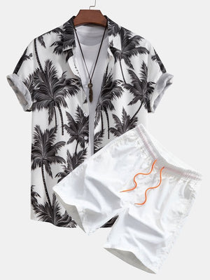Men’s white palm tree Hawaiian shirt and shorts set summer beach outfit