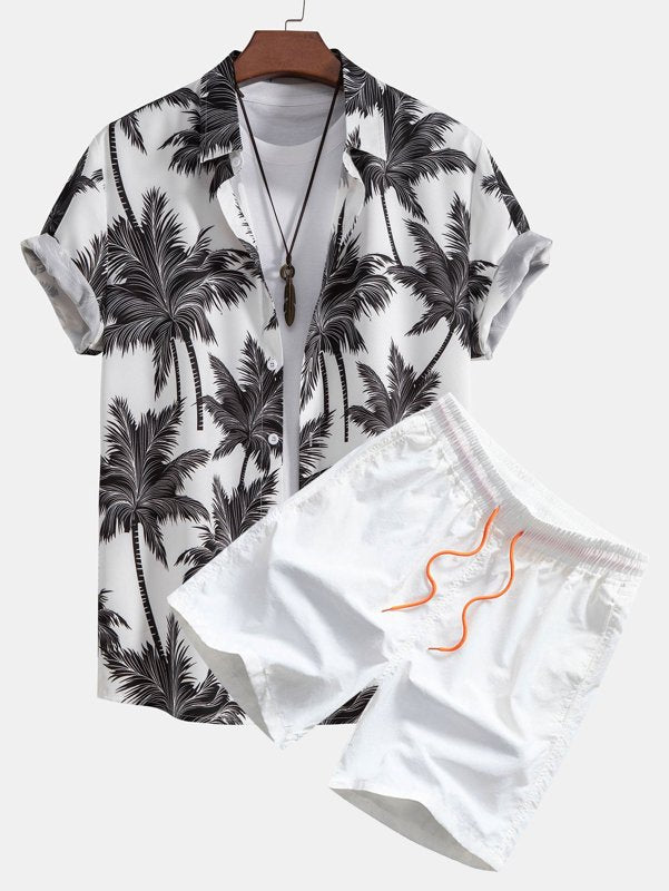 Men’s white palm tree Hawaiian shirt and shorts set summer beach outfit