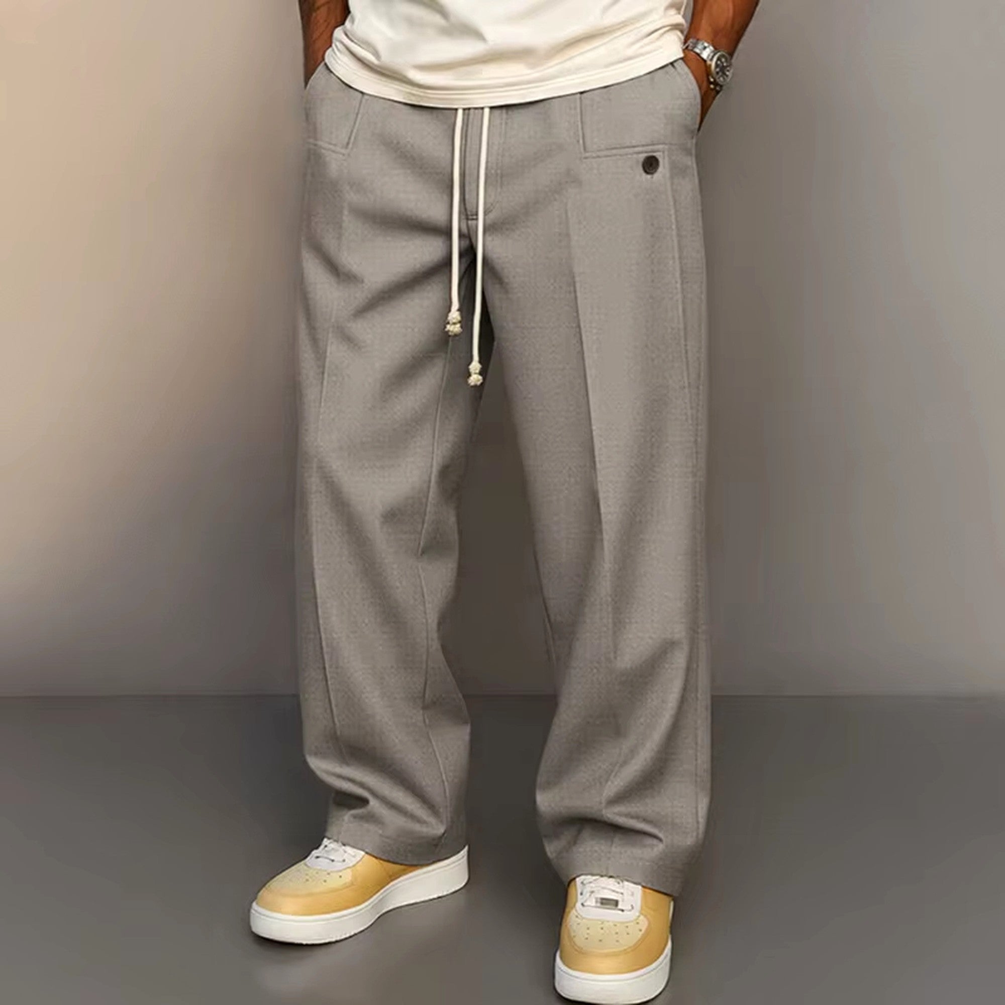 mens light beige relaxed fit drawstring trousers casual fashion pants