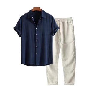 mens navy cuban shirt with cream linen pants casual summer outfit