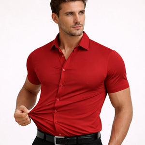 Mens slim fit stretch red dress shirt breathable wrinkle free fabric