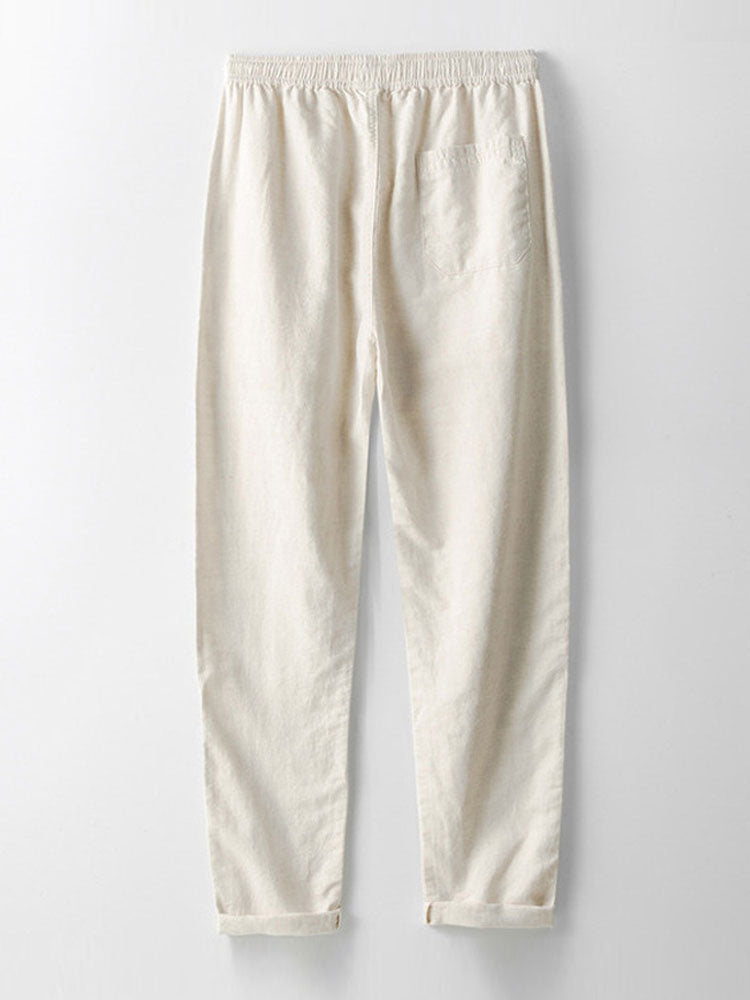 mens cream linen drawstring casual summer pants