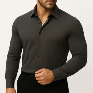 mens dark grey stretch slim fit wrinkle free dress shirt business style