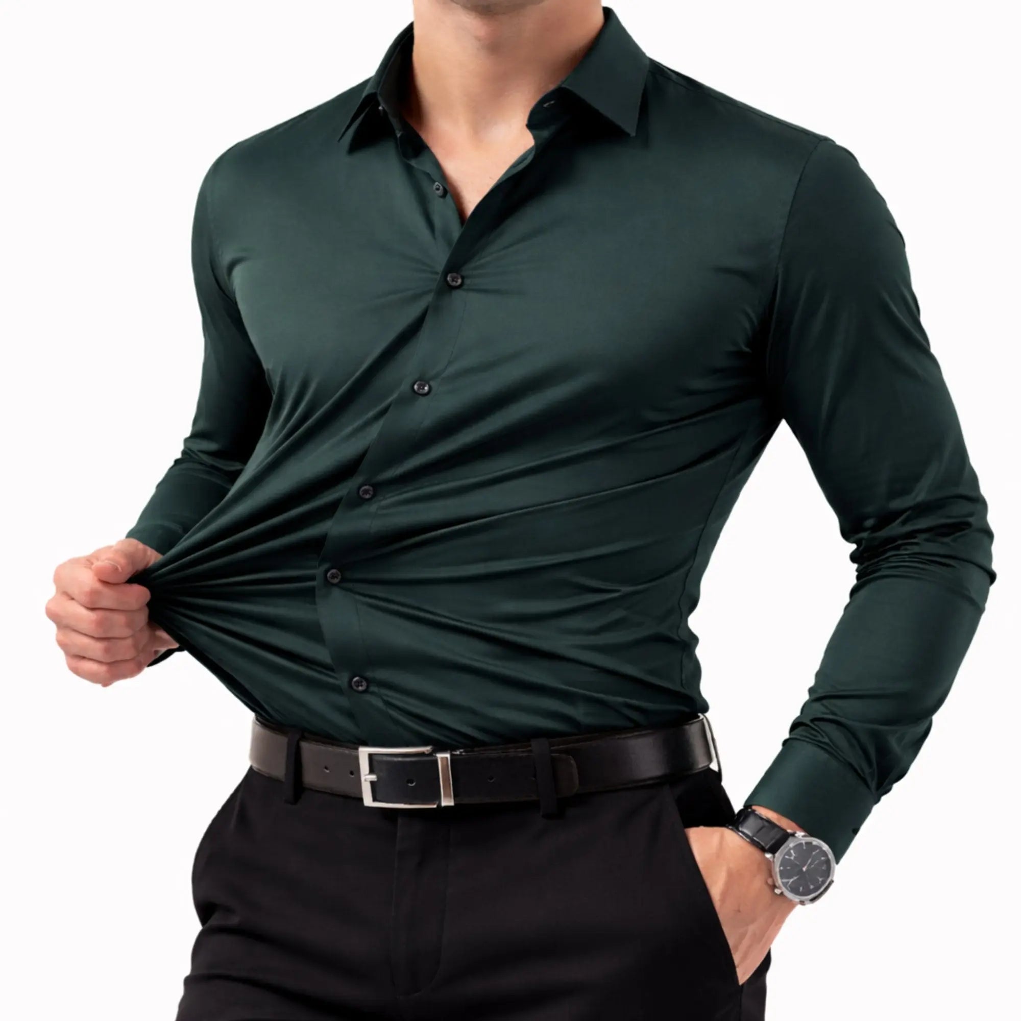 Mens Stretch Slim Fit Long Sleeve Wrinkle Free Dress Shirt mylalooks.com